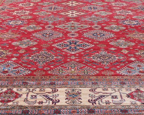 Alfombra afgana Kazak de lana roja anudada a mano de 13 x 19