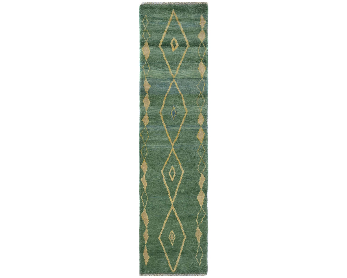 10 Feet Moroccan Green Hand Woven Wool Runner Rug