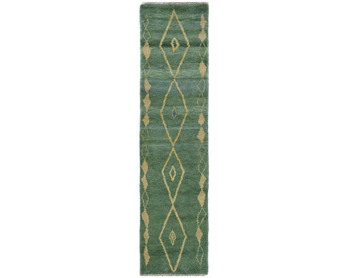 10 Feet Moroccan Green Hand Woven Wool Runner Rug