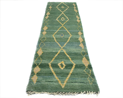 10 Feet Moroccan Green Hand Woven Wool Runner Rug