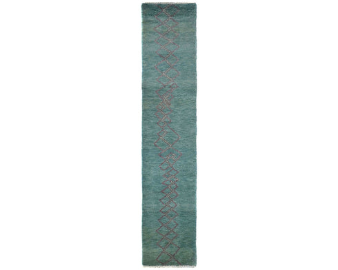 13 Feet Moroccan Green Hand Woven Wool Runner Rug