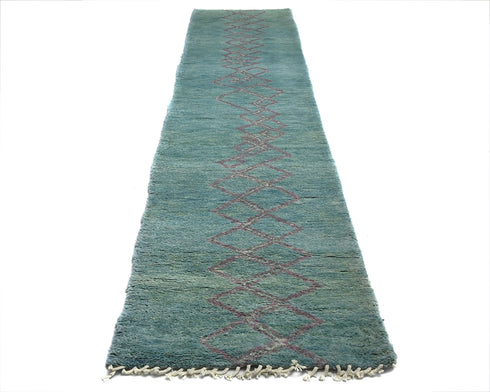 13 Feet Moroccan Green Hand Woven Wool Runner Rug
