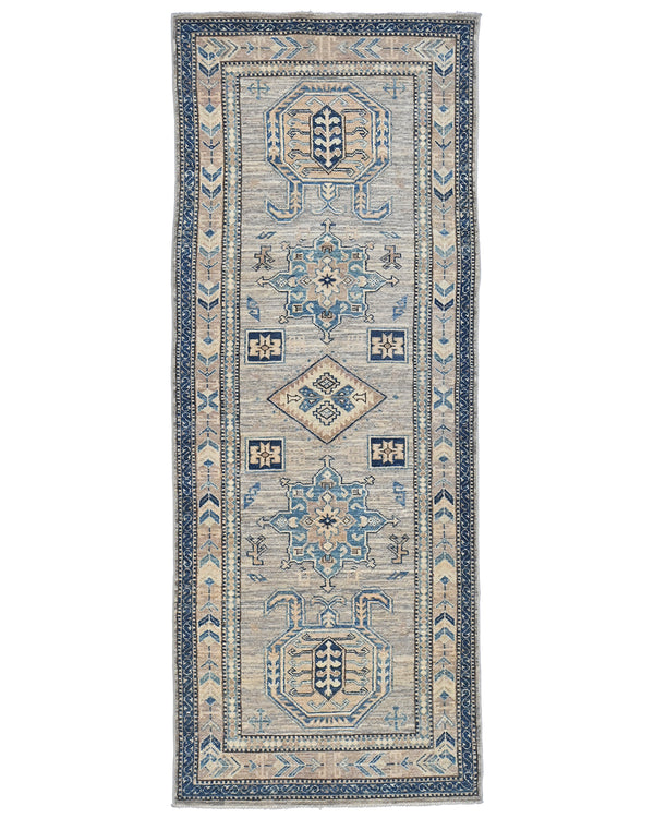 7 Ft Kazak Brown Gray Afghan Hand Knotted Traditional Wool Runner Rug