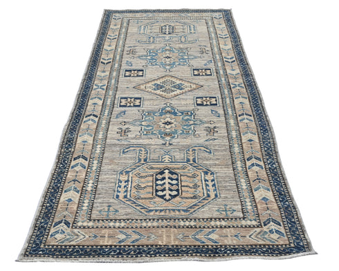 7 Ft Kazak Brown Gray Afghan Hand Knotted Traditional Wool Runner Rug