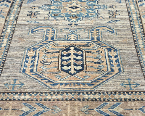 7 Ft Kazak Brown Gray Afghan Hand Knotted Traditional Wool Runner Rug