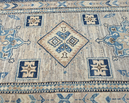 7 Ft Kazak Brown Gray Afghan Hand Knotted Traditional Wool Runner Rug