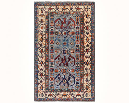 4x6 Gray Kazak Afghan Hand Knotted Geometric Wool Area Rug