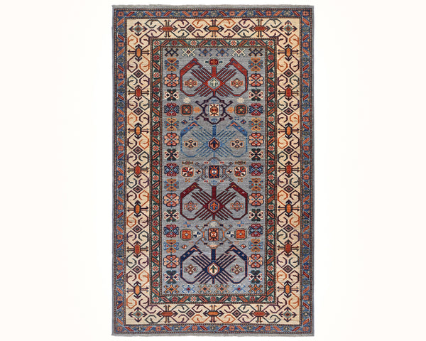 4x6 Gray Kazak Afghan Hand Knotted Geometric Wool Area Rug