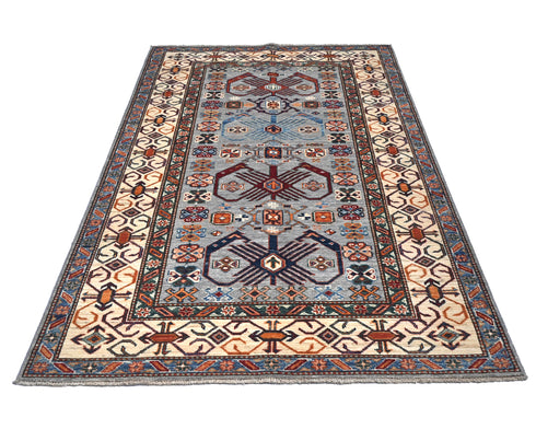 4x6 Gray Kazak Afghan Hand Knotted Geometric Wool Area Rug