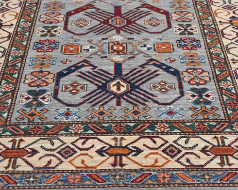 4x6 Gray Kazak Afghan Hand Knotted Geometric Wool Area Rug