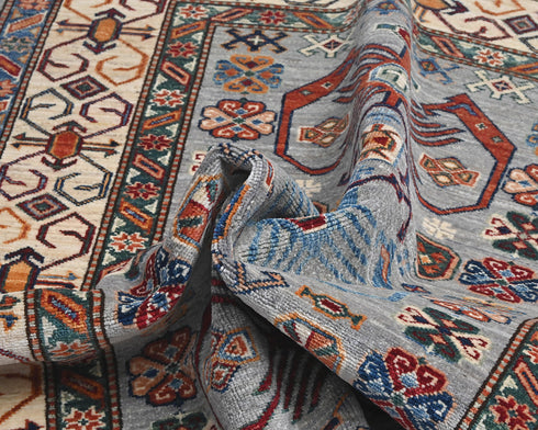 4x6 Gray Kazak Afghan Hand Knotted Geometric Wool Area Rug