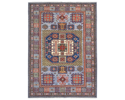 Alfombra afgana Kazak de lana geométrica anudada a mano, de 1,5 x 2,1 m, color gris y azul