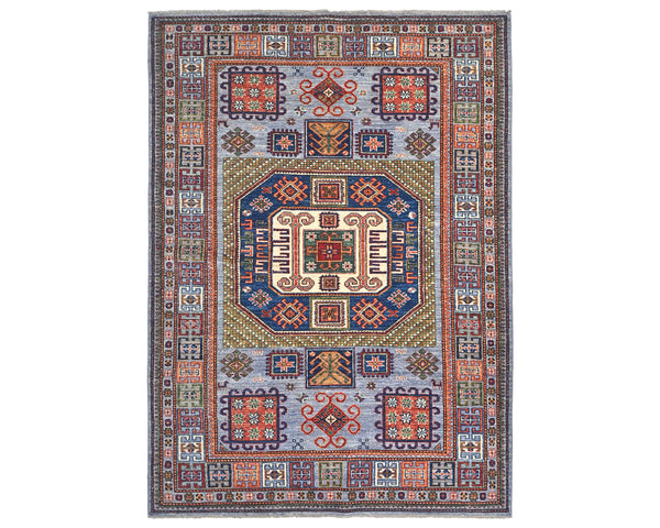 5x7 Ft Gray Blue Kazak Afghan Hand Knotted Geometric Wool Area Rug