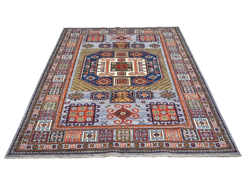 Alfombra afgana Kazak de lana geométrica anudada a mano, de 1,5 x 2,1 m, color gris y azul
