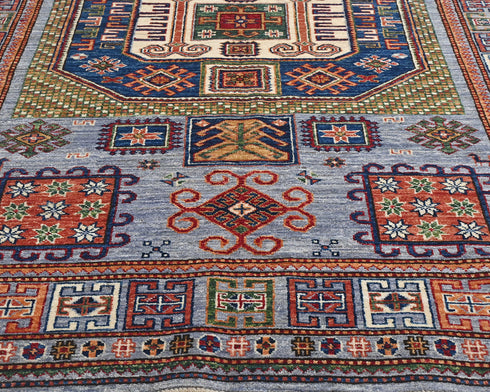 Alfombra afgana Kazak de lana geométrica anudada a mano, de 1,5 x 2,1 m, color gris y azul