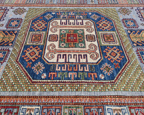 Alfombra afgana Kazak de lana geométrica anudada a mano, de 1,5 x 2,1 m, color gris y azul