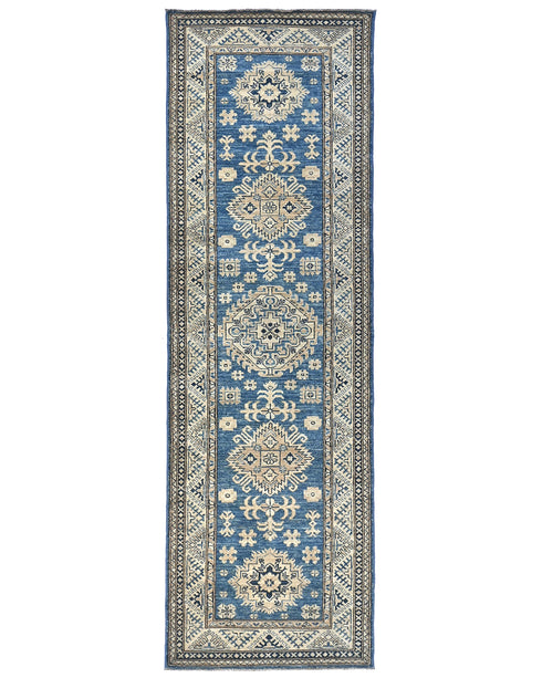 8 Ft Blue Kazak Afghan Hand Knotted Geometric Wool Runner Rug
