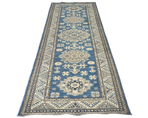 8 Ft Blue Kazak Afghan Hand Knotted Geometric Wool Runner Rug