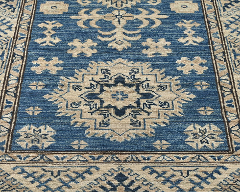 8 Ft Blue Kazak Afghan Hand Knotted Geometric Wool Runner Rug