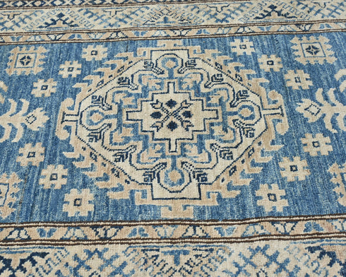 8 Ft Blue Kazak Afghan Hand Knotted Geometric Wool Runner Rug