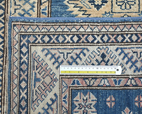 8 Ft Blue Kazak Afghan Hand Knotted Geometric Wool Runner Rug