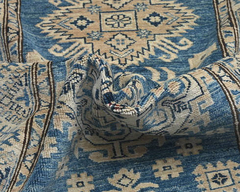 8 Ft Blue Kazak Afghan Hand Knotted Geometric Wool Runner Rug
