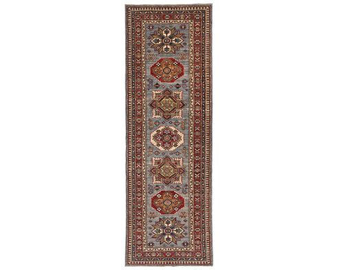 8 Feet Gray Red Kazak Afghan Hand Knotted Wool Runner Rug