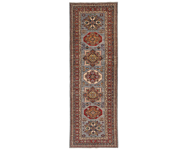 8 Feet Gray Red Kazak Afghan Hand Knotted Wool Runner Rug