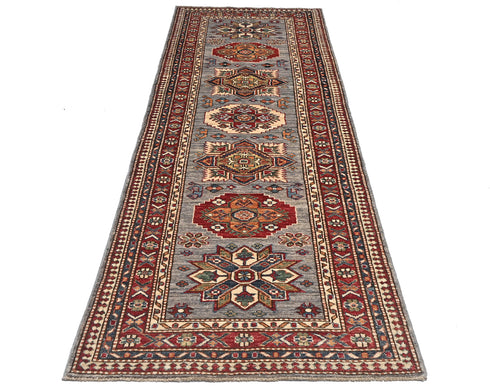 8 Feet Gray Red Kazak Afghan Hand Knotted Wool Runner Rug