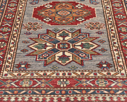 8 Feet Gray Red Kazak Afghan Hand Knotted Wool Runner Rug