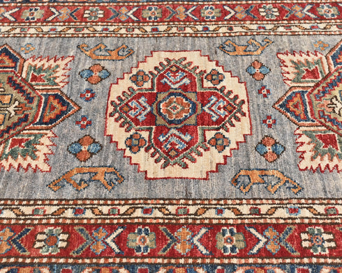 8 Feet Gray Red Kazak Afghan Hand Knotted Wool Runner Rug