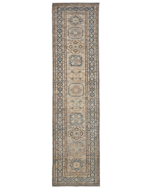 10 Ft Kazak Brown Blue Afghan Hand Knotted Geometric Wool Runner Rug