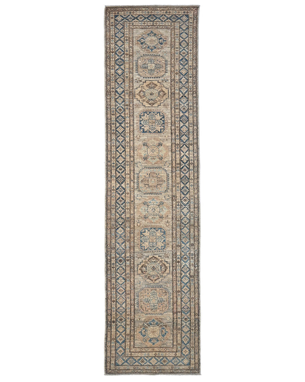 10 Ft Kazak Brown Blue Afghan Hand Knotted Geometric Wool Runner Rug