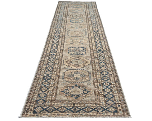 10 Ft Kazak Brown Blue Afghan Hand Knotted Geometric Wool Runner Rug