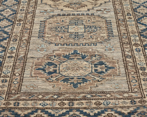 10 Ft Kazak Brown Blue Afghan Hand Knotted Geometric Wool Runner Rug