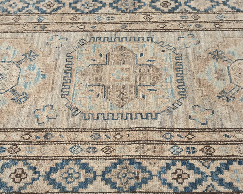 10 Ft Kazak Brown Blue Afghan Hand Knotted Geometric Wool Runner Rug