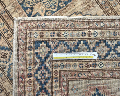 10 Ft Kazak Brown Blue Afghan Hand Knotted Geometric Wool Runner Rug