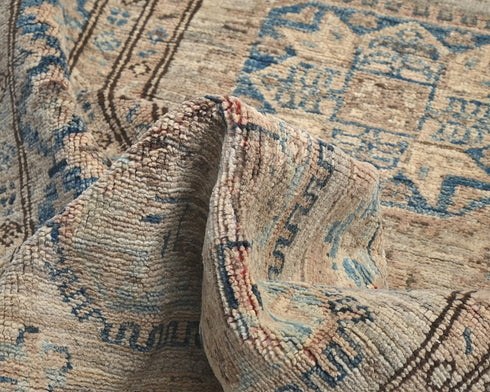 10 Ft Kazak Brown Blue Afghan Hand Knotted Geometric Wool Runner Rug