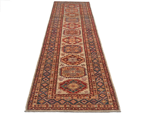 10 Feet Brown Kazak Afghan Hand Knotted Wool Runner Rug