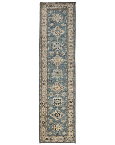Alfombra de lana geométrica anudada a mano, afgana, kazaja, azul, de 3 m