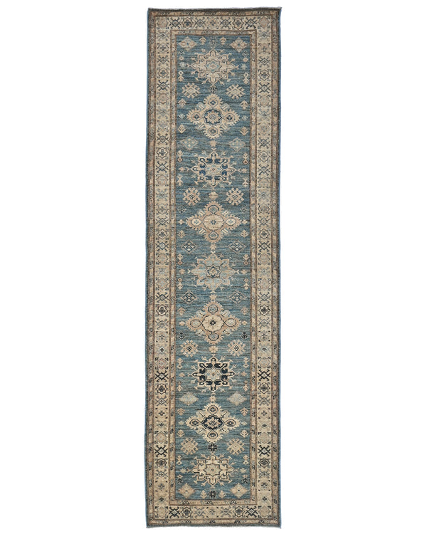 10 Ft Blue Kazak Afghan Hand Knotted Geometric Wool Runner Rug