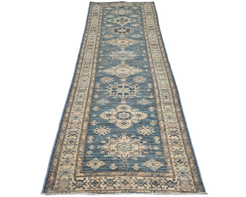 Alfombra de lana geométrica anudada a mano, afgana, kazaja, azul, de 3 m