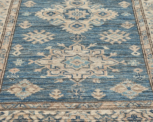 Alfombra de lana geométrica anudada a mano, afgana, kazaja, azul, de 3 m