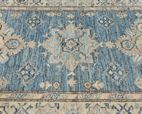 Alfombra de lana geométrica anudada a mano, afgana, kazaja, azul, de 3 m