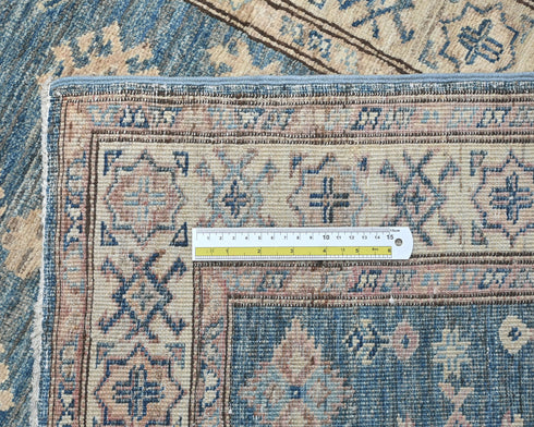 Alfombra de lana geométrica anudada a mano, afgana, kazaja, azul, de 3 m