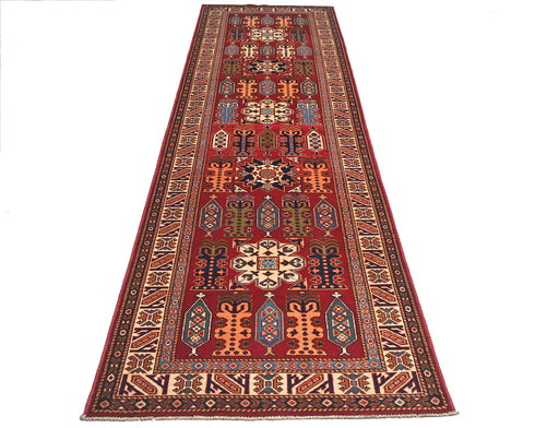 10 Feet Red Kazak Afghan Hand Knotted Wool Runner Rug