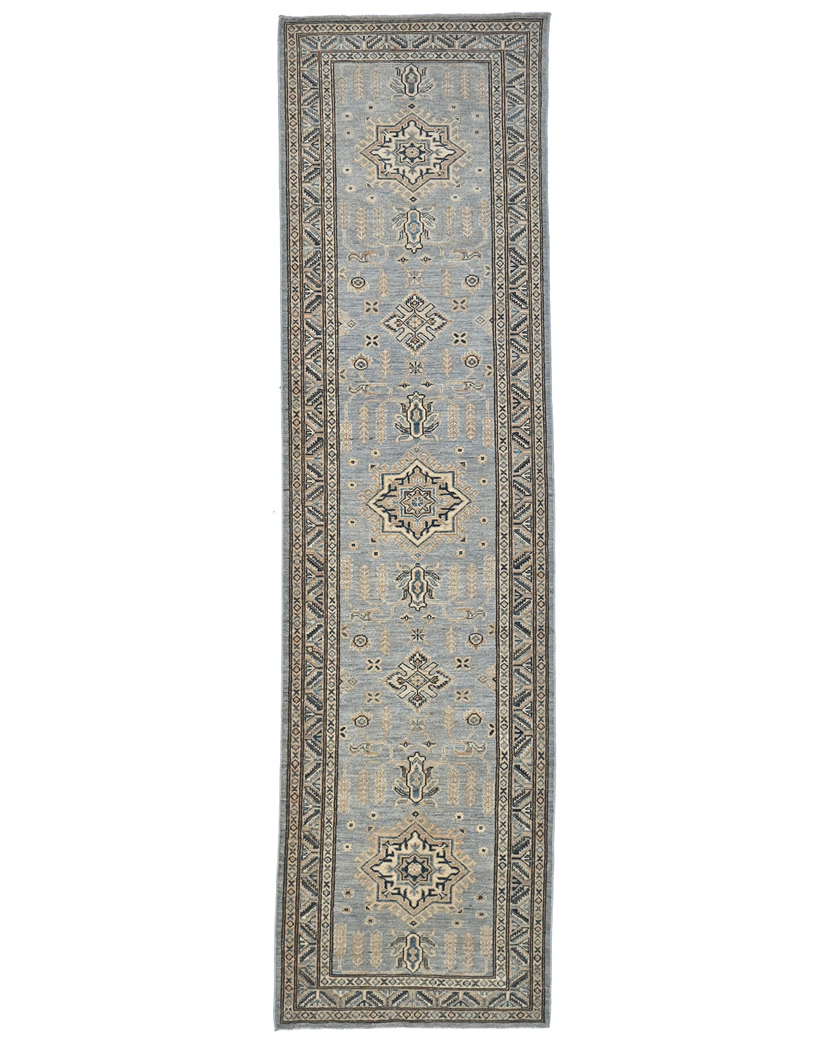11 Ft Gray Kazak Afghan Hand Knotted Geometric Wool Runner Rug