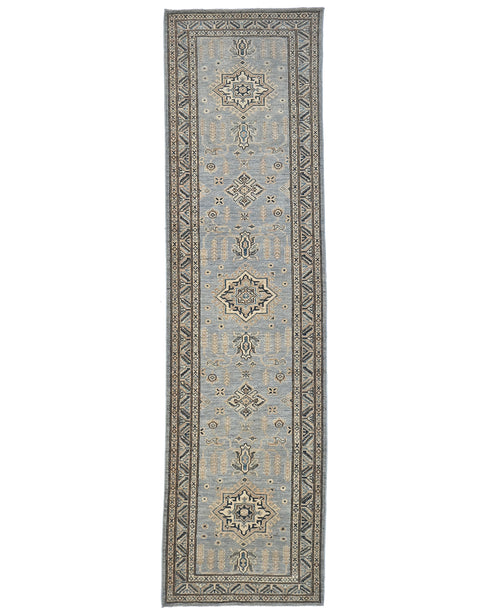 Alfombra de lana geométrica anudada a mano, color gris, Kazak Afghan, de 11 pies