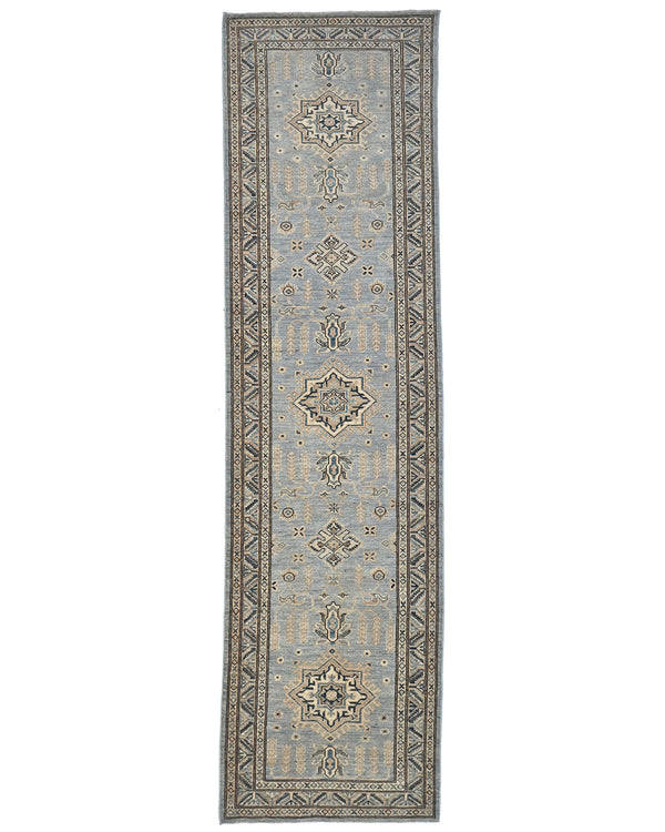 11 Ft Gray Kazak Afghan Hand Knotted Geometric Wool Runner Rug