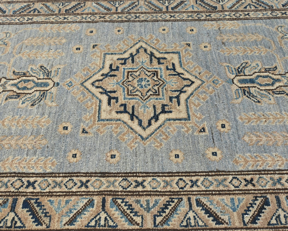 11 Ft Gray Kazak Afghan Hand Knotted Geometric Wool Runner Rug